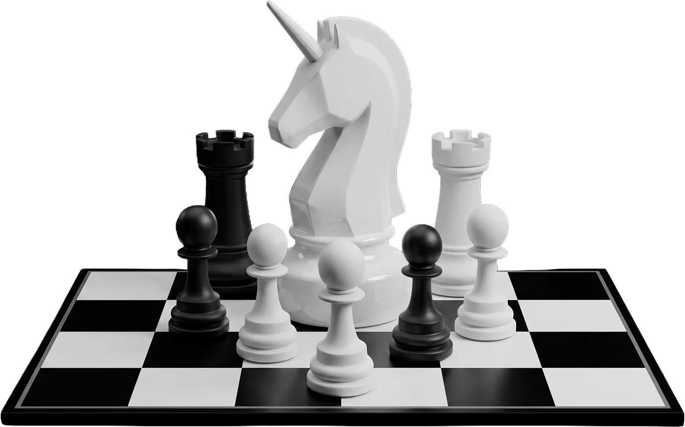 Tablero de ajedrez con un unicornio, dos torres y cinco peones: cada pieza representa un servicio de Arion